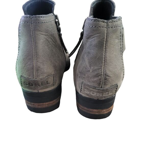 Sorel Lolla Ankle Bootie 6.5 Womens Grey Side Zipper Chunky Round Toe Leather - Picture 4 of 8